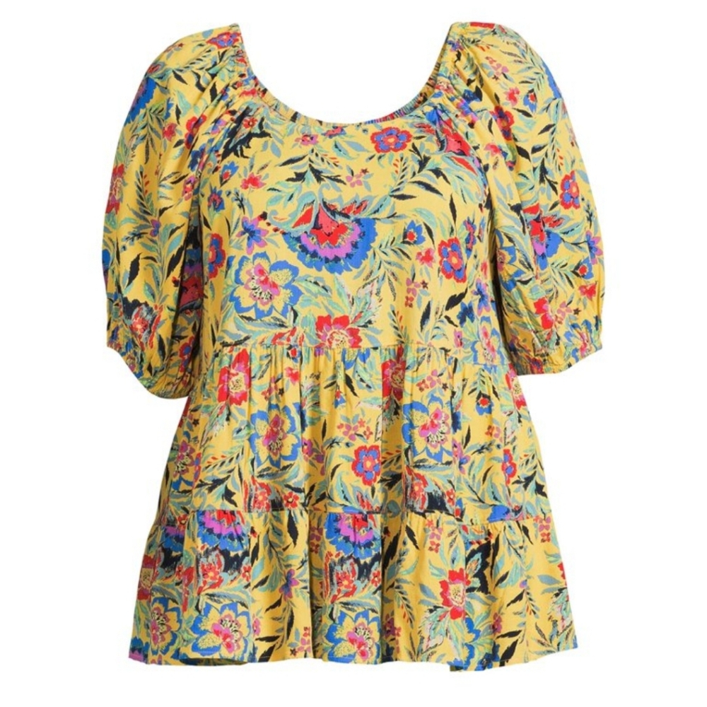 3X Yellow Floral Babydoll Tiered Top Terra & Sky Plus Size